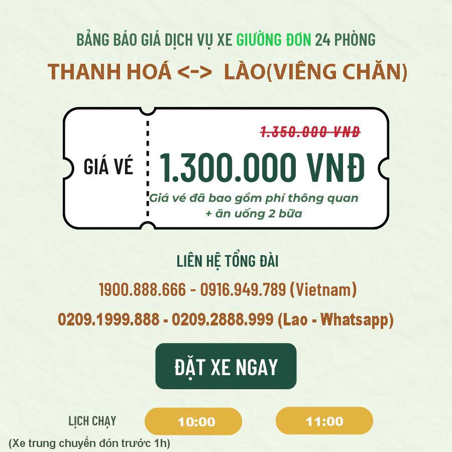 Đặt xe Thanh Hóa <=> Lào Giường Đơn