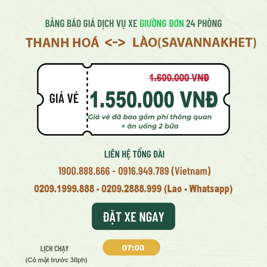 Đặt xe Thanh Hóa <=> Lào(Savannakhet) Giường Đơn
