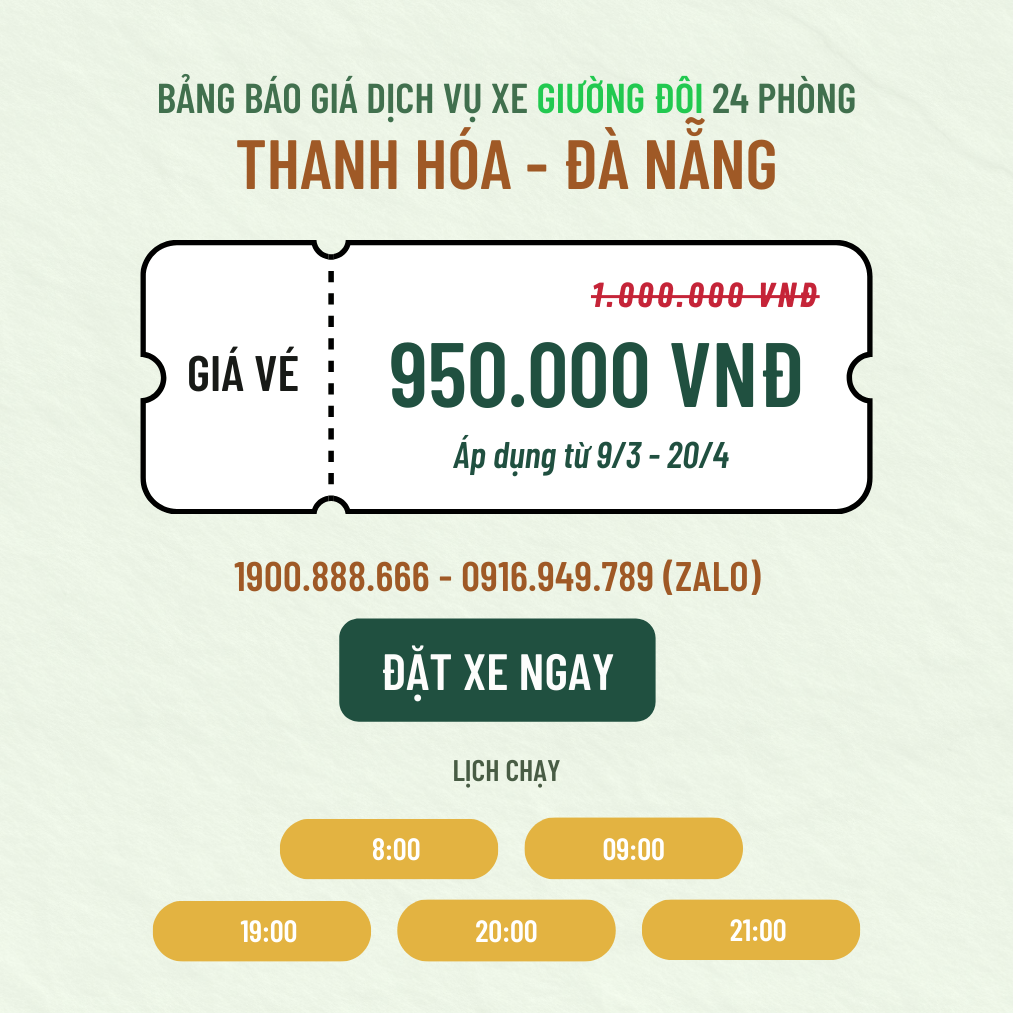 Đặt Xe Thanh Hóa <=> Đà Nẵng Giường Đôi