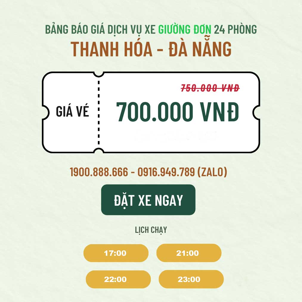 Đặt Xe Thanh Hóa <=> Đà Nẵng Giường Đơn