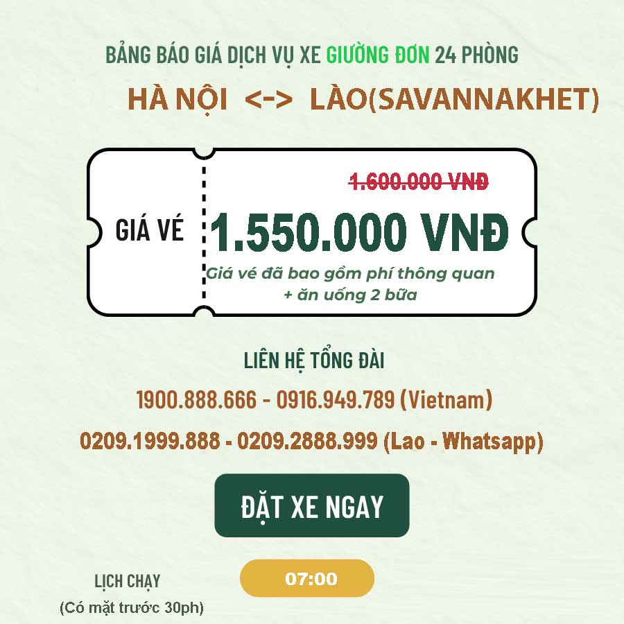 Đặt xe Hà Nội <=> Lào(Savannakhet) Giường Đơn